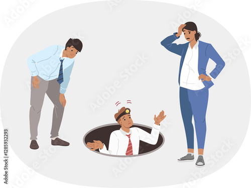 Obraz na płótnie Team business people explore abyss, experiencing perplexity due to lack of solutions to problems. Perplexity among office workers who want to find new opportunity or funding reserves for advertising w salonie