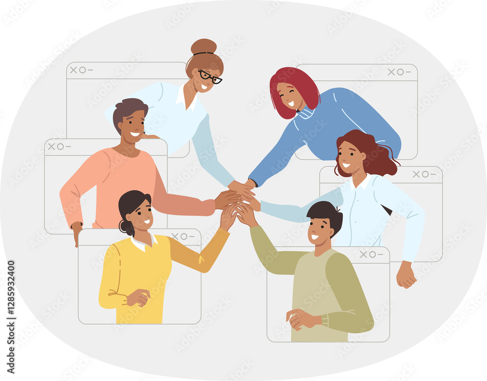 Online community of men and women holding hands, looking out of web windows and joining forces for synergy. Online community of students demonstrating teamwork through internet applications