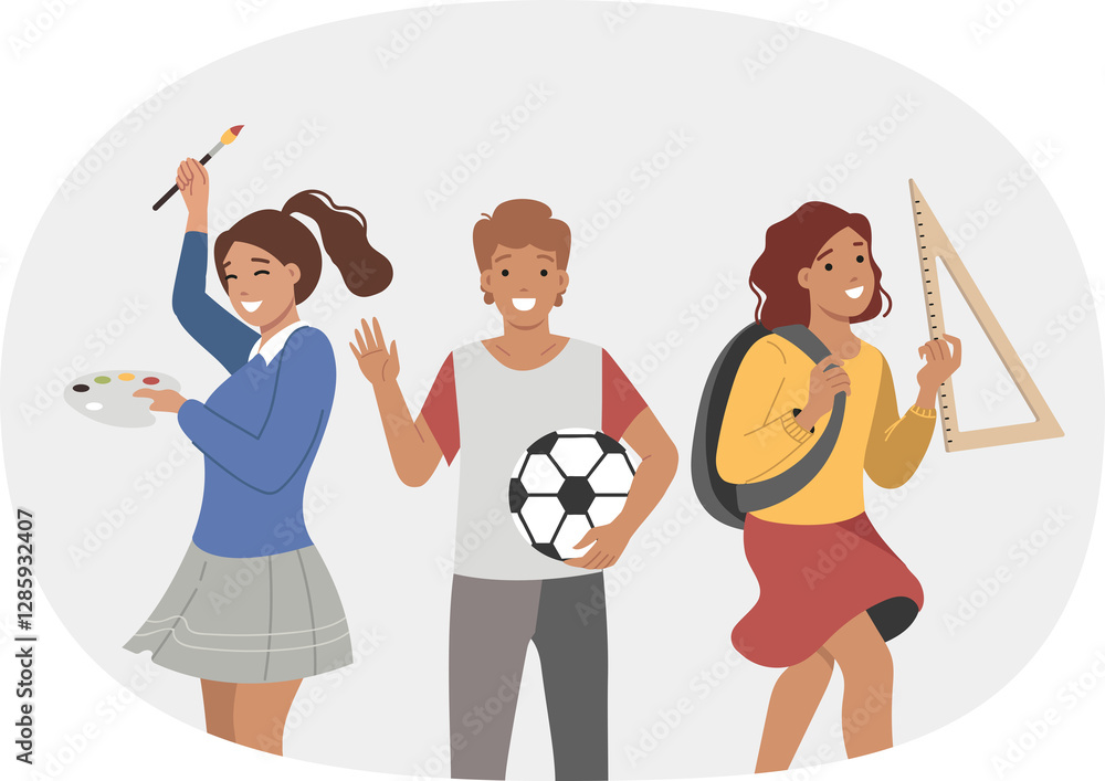 Children with different predispositions choose hobby and life path, between football and geometry or art. Cheerful school-age children showing aptitude or talent for various fields
