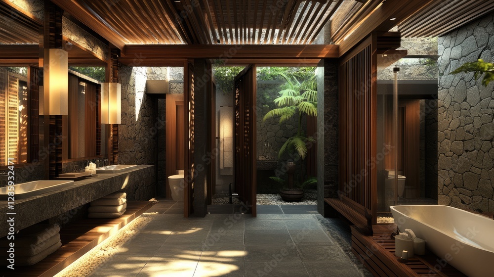 A well-lit bathroom featuring stone tiles, wooden accents, and soft natural lighting.