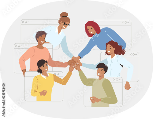 Online community of men and women holding hands, looking out of web windows and joining forces for synergy. Online community of students demonstrating teamwork through internet applications