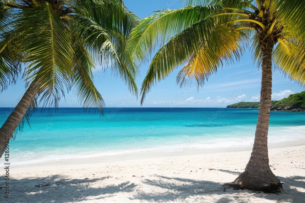A pair of palm trees standing tall on a sunny beach A pair of palm trees standing tall on a sunny beach