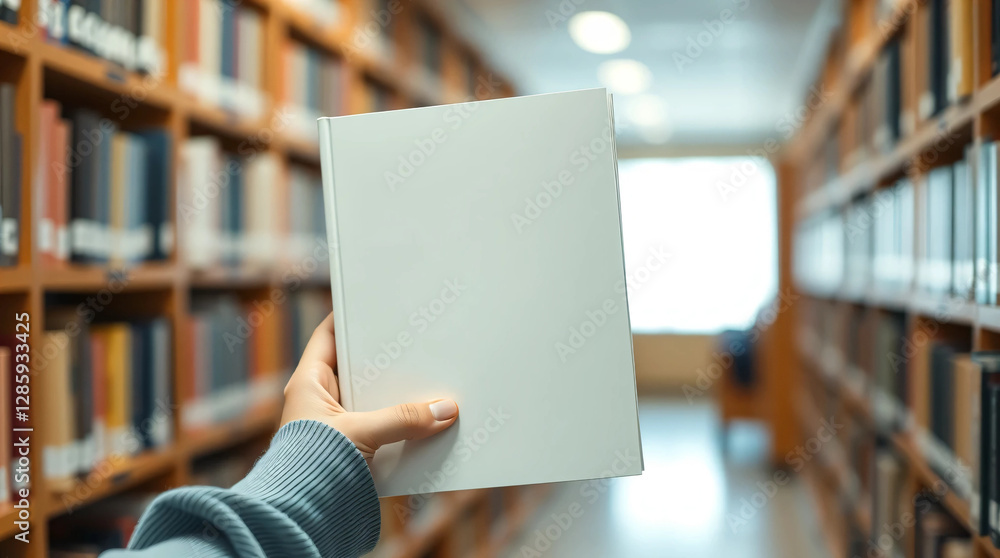 Hands holding book with blank white cover in library, mockup for book cover design Hands holding book with blank white cover in library, mockup for book cover design