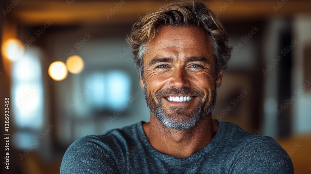 Man with a beard and gray hair is smiling and looking at the camera. He is wearing a black shirt and he is happy Man with a beard and gray hair is smiling and looking at the camera. He is wearing a black shirt and he is happy