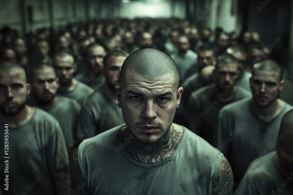 Group of men in gray shirts standing in a dimly lit corridor, showcasing expressions of resolve and unity Group of men in gray shirts standing in a dimly lit corridor, showcasing expressions of resolve and unity