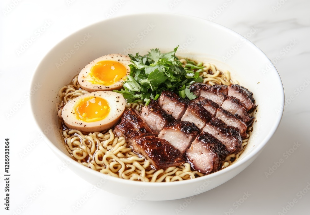 Delicious pork ramen bowl with soft-boiled egg on marble table Delicious pork ramen bowl with soft-boiled egg on marble table