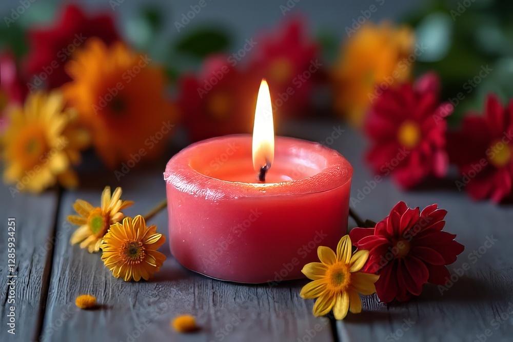 Autumn candle and flowers on rustic wood, peaceful scene Autumn candle and flowers on rustic wood, peaceful scene