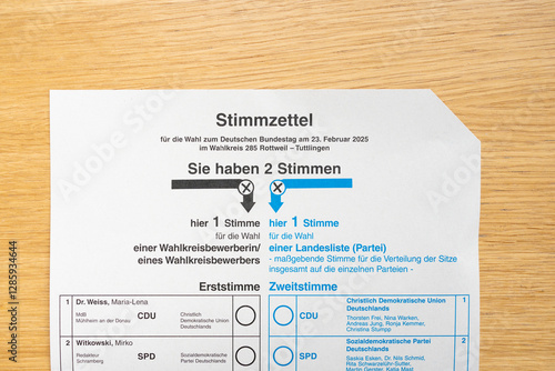 Offizieller Stimmzettel zur Bundestagswahl 2025 mit Wahlkreuz photo