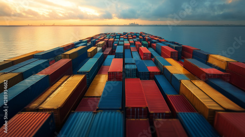 Autonomous shipping containers using AI driven logistics on calm sea at sunset