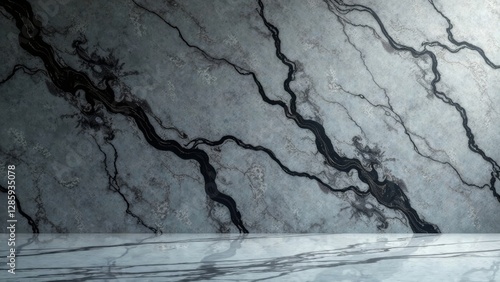 Wallpaper Mural Sleek grey and black marble wall backdrop with a polished floor reflecting its intricate veining pattern, ideal for elegant product displays or sophisticated design presentations. Torontodigital.ca