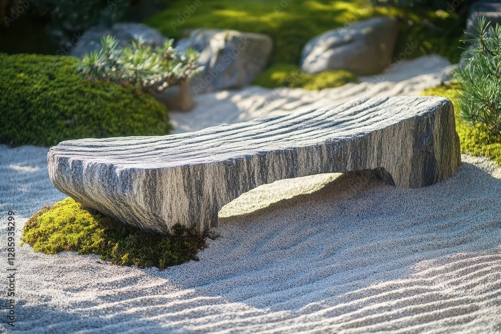 minimalist zen garden stone bench carved from single marble block surrounded by raked sand and moss peaceful composition minimalist zen garden stone bench carved from single marble block surrounded by raked sand and moss peaceful composition