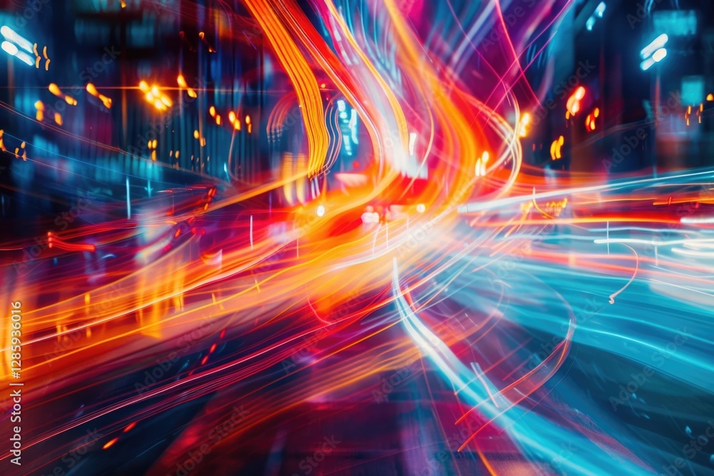 Abstract urban nightscape with vibrant light trails, showcasing dynamic city energy and motion blur. Abstract urban nightscape with vibrant light trails, showcasing dynamic city energy and motion blur.