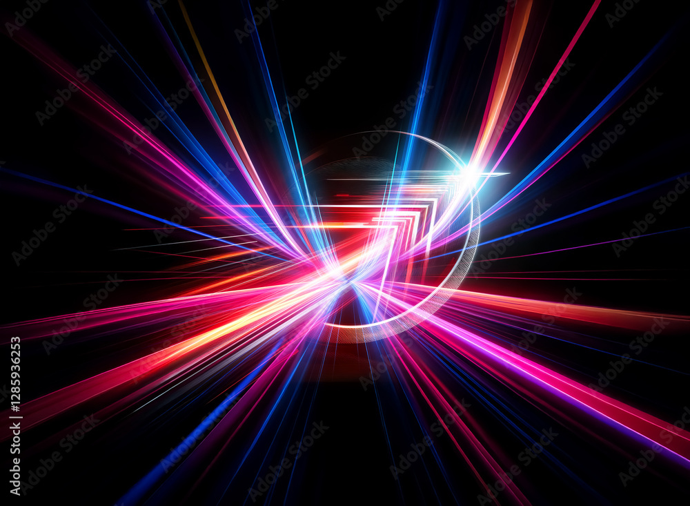 Double exposure image with vibrant light streaks radiating from a central point. Colorful rays in pink, red, blue, and white on a black backdrop, creating dynamic energy. Double exposure image with vibrant light streaks radiating from a central point. Colorful rays in pink, red, blue, and white on a black backdrop, creating dynamic energy.