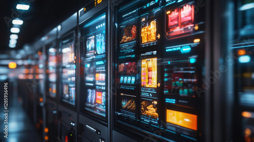 Futuristic vending machine with AI driven inventory management in modern setting