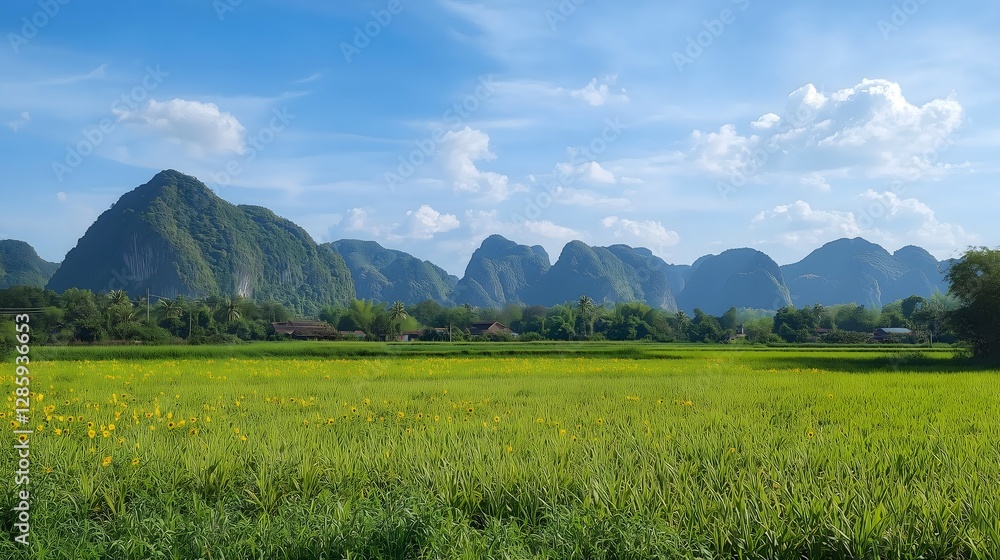 Stunning view of serene green rice fields mountain landscape nature photography rural setting panoramic perspective Stunning view of serene green rice fields mountain landscape nature photography rural setting panoramic perspective