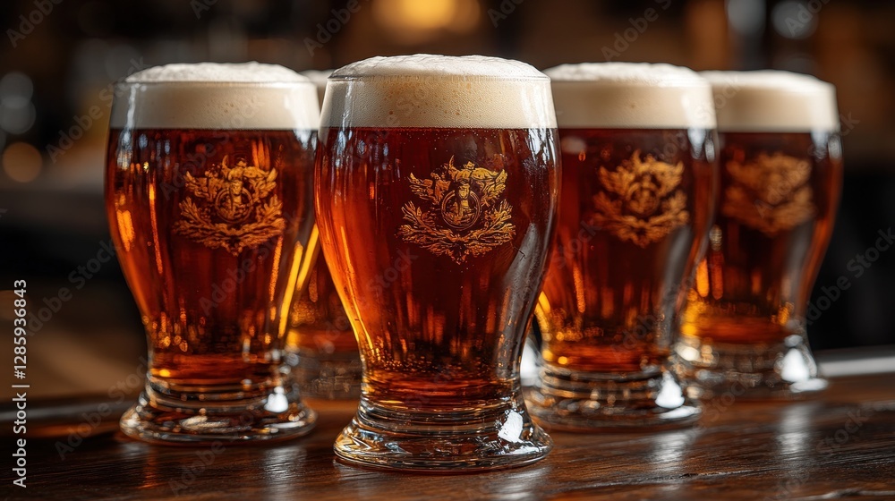 Four amber beers on bar counter, pub Four amber beers on bar counter, pub