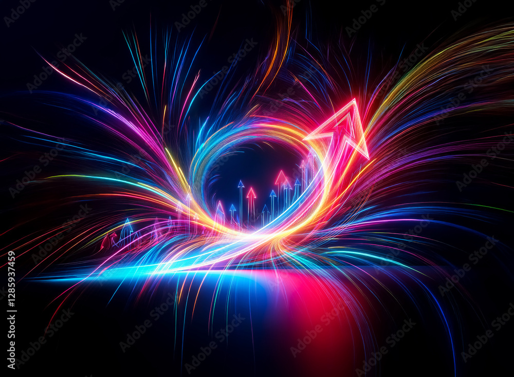 Obraz premium Vibrant double exposure art with glowing arrows pointing upwards amidst swirling, colorful light trails against a dark backdrop. Dynamic and energetic composition.