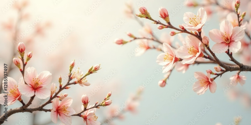 Delicate Pink Blossoms on Branch, Soft Light, Gentle Breeze, Springtime Floral Beauty Delicate Pink Blossoms on Branch, Soft Light, Gentle Breeze, Springtime Floral Beauty