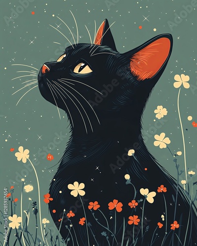 Black cat gazing among colorful flowers