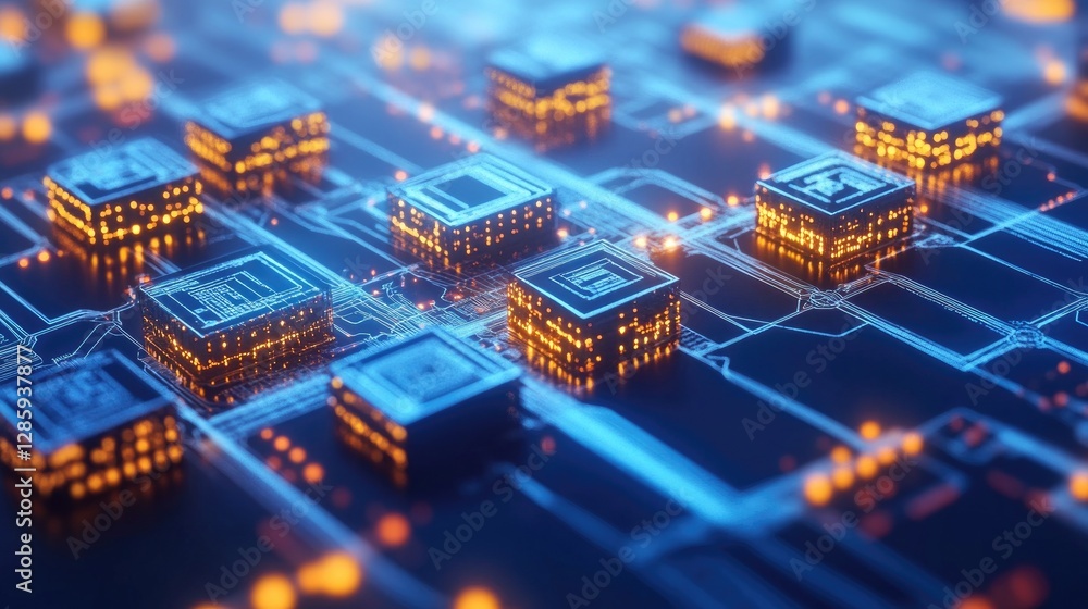 Obraz premium Glowing Circuit Board: Microchips and Technological Advancement