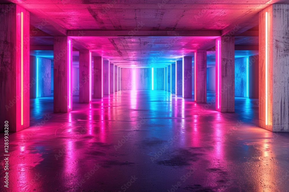 Neon lights illuminate a concrete corridor, creating a vibrant, futuristic atmosphere.