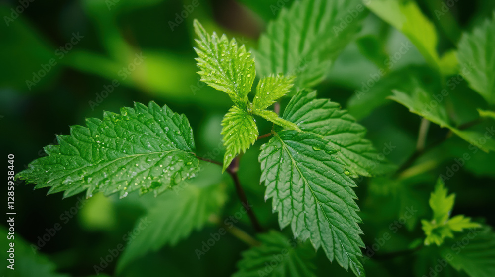 Fresh green leaves with tiny droplets of water create vibrant and refreshing scene Fresh green leaves with tiny droplets of water create vibrant and refreshing scene