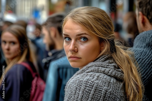 A woman with striking blue eyes stands out from the crowd, great for uses where you need to draw attention to a person or a product