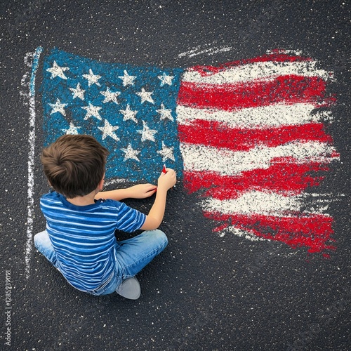 Child creates colorful chalk art of American flag on pavement during summer afternoon in neighborhood