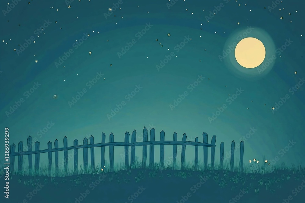 Fototapeta premium Moonlit Night Sky with Wooden Fence and Starry Background