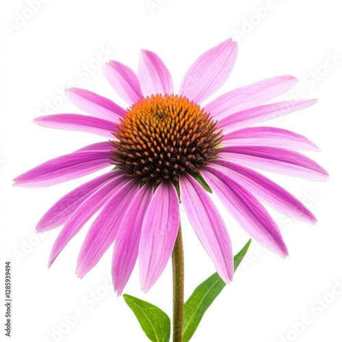 vibrant pink echinacea flower with spiky brown center is isolated on white background, showcasing its delicate petals and green stem