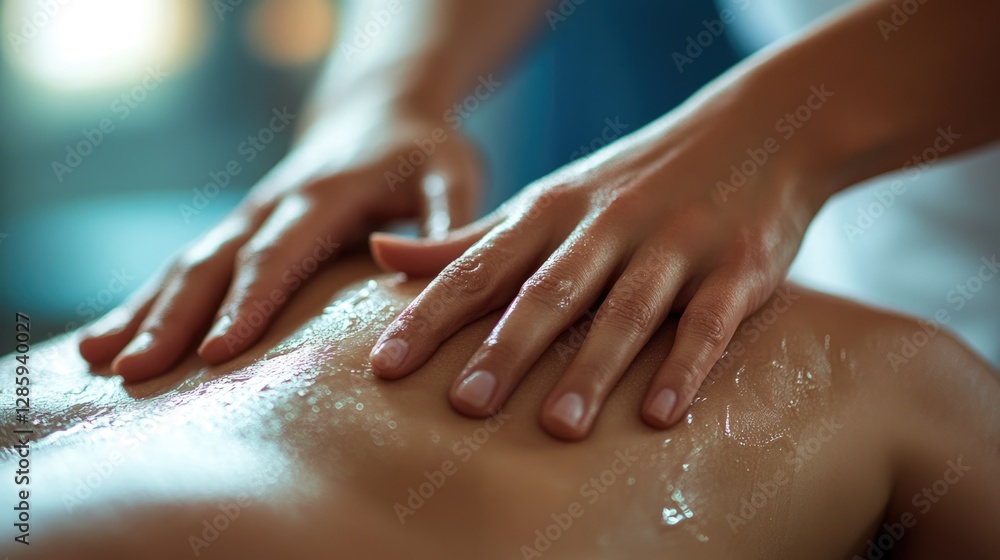 Close-up relaxing masseur hands performing soothing massage on client back. Oil glistening on skin, calming ambiance. Tranquility and wellness. Spa salon, self-care. Comfort and rejuvenation services. Close-up relaxing masseur hands performing soothing massage on client back. Oil glistening on skin, calming ambiance. Tranquility and wellness. Spa salon, self-care. Comfort and rejuvenation services.