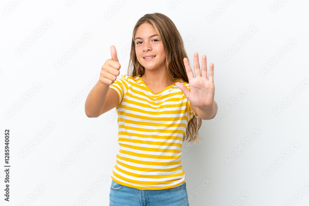 Little caucasian girl isolated on white background counting six with fingers Little caucasian girl isolated on white background counting six with fingers