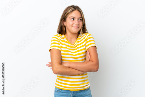 Wallpaper Mural Little caucasian girl isolated on white background making doubts gesture while lifting the shoulders Torontodigital.ca