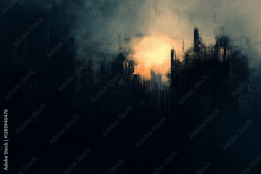 Obraz premium Dark Abstract Cityscape with Glowing Sunlight