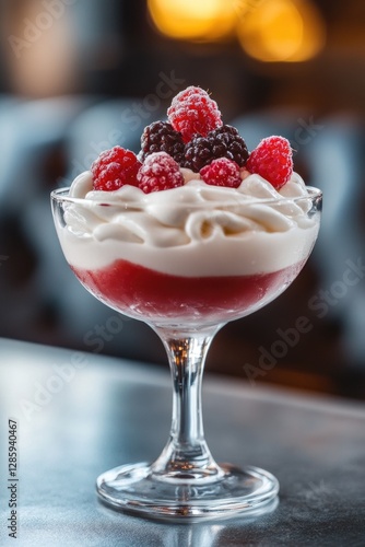 A sweet treat featuring whipped cream, raspberries, and a glass
