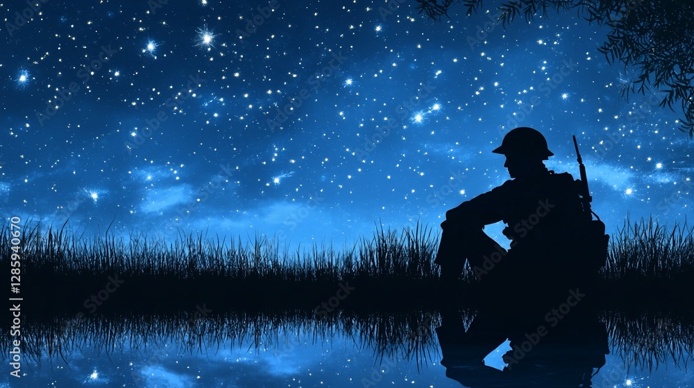 Reflections of Courage: A Soldier's Silhouette Under the Starry Night Sky Reflections of Courage: A Soldier's Silhouette Under the Starry Night Sky