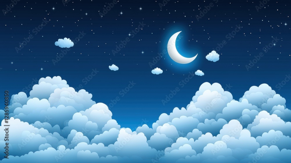 Dreamy Illustration of a Serene Night Sky with Moon and Fluffy Clouds Dreamy Illustration of a Serene Night Sky with Moon and Fluffy Clouds