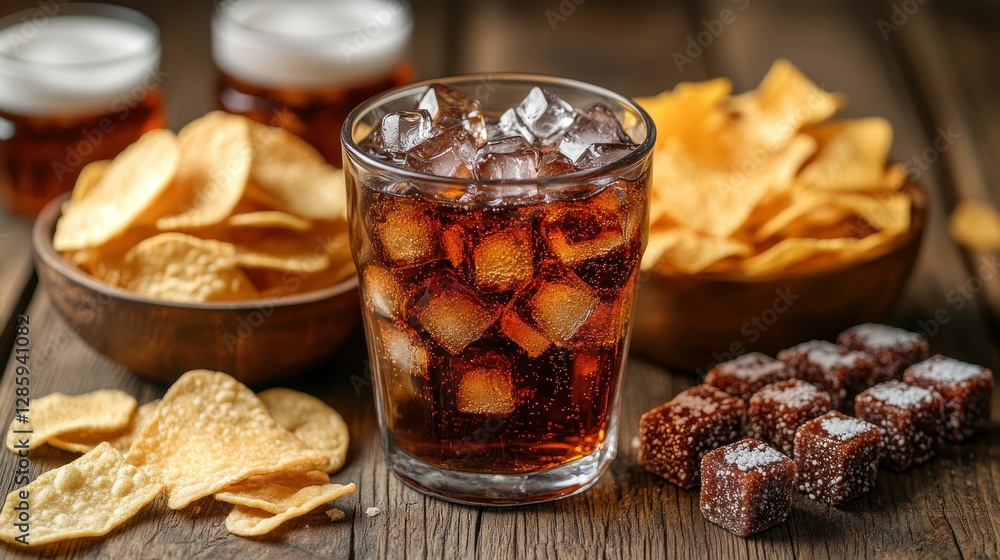 Chips, soda, and candy on a wooden table with beer in the background Chips, soda, and candy on a wooden table with beer in the background