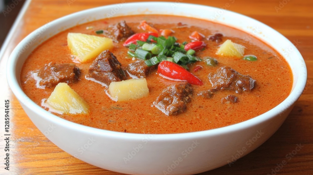 Thai red curry with succulent duck slices, lychee, pineapple, and red chilies, creamy coconut sauce glistening Thai red curry with succulent duck slices, lychee, pineapple, and red chilies, creamy coconut sauce glistening