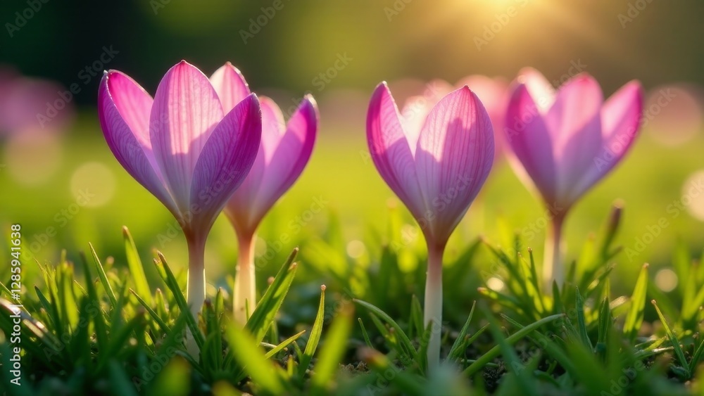 Four Delicate Pink Spring Flowers Basking in the Golden Hour Sunlight Emerging from Lush Green Grass Four Delicate Pink Spring Flowers Basking in the Golden Hour Sunlight Emerging from Lush Green Grass