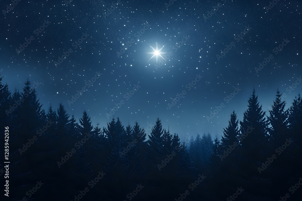 Fototapeta premium Starry night sky with the bright star of Orion over a forest landscape. Christmas background