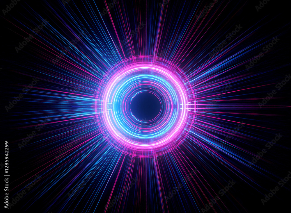 Circular glowing circle with radiant blue and pink beams emanate from the center against a dark backdrop. Abstract light burst effect with vibrant colors. Circular glowing circle with radiant blue and pink beams emanate from the center against a dark backdrop. Abstract light burst effect with vibrant colors.