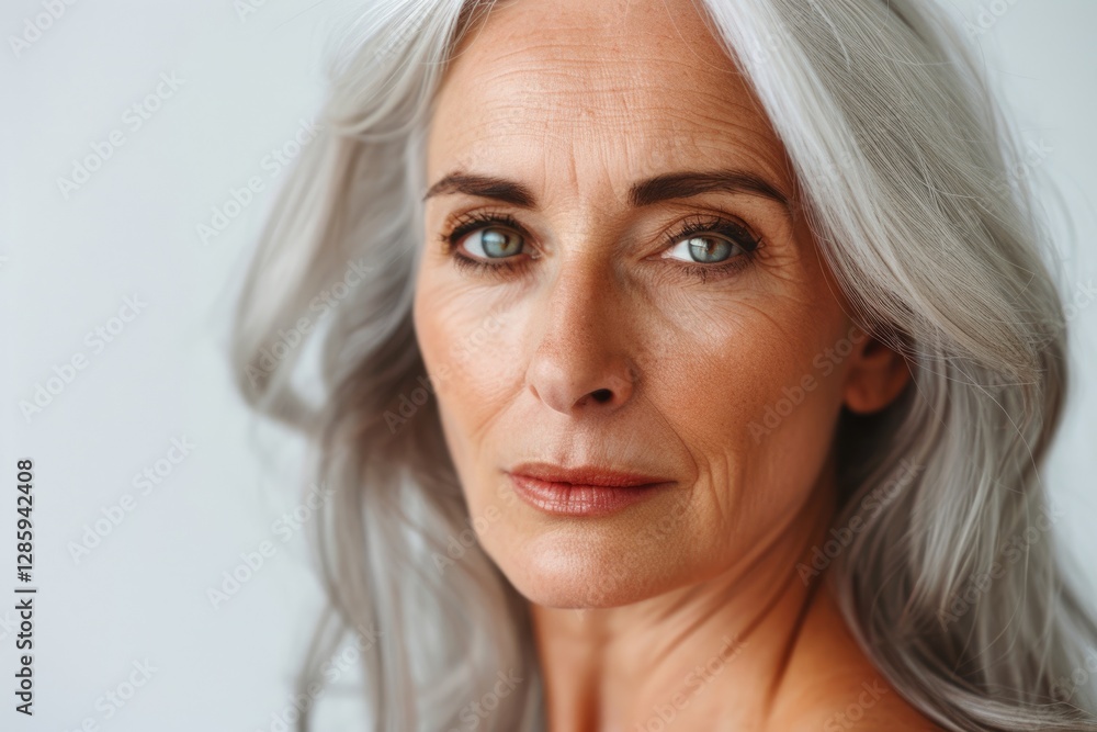 Naklejka premium Close-up portrait of a mature woman with gray hair and expressive eyes, showcasing natural beauty and age.