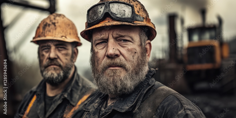 Hardworking miners pose in rugged attire, showcasing determination and grit in an industrial site at dusk Hardworking miners pose in rugged attire, showcasing determination and grit in an industrial site at dusk