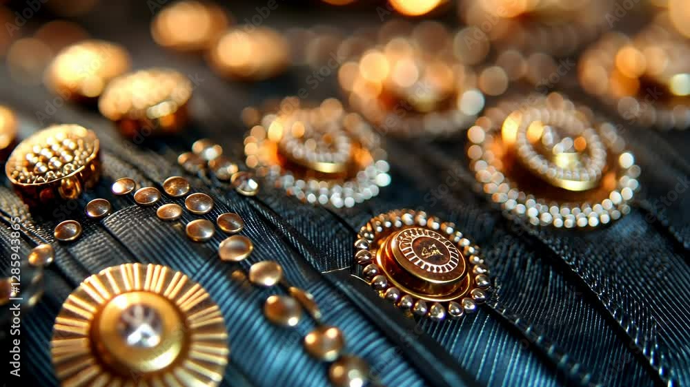 Detailed close-up of intricate golden buttons on a black fabric background showcasing exquisite craftsmanship and design Detailed close-up of intricate golden buttons on a black fabric background showcasing exquisite craftsmanship and design