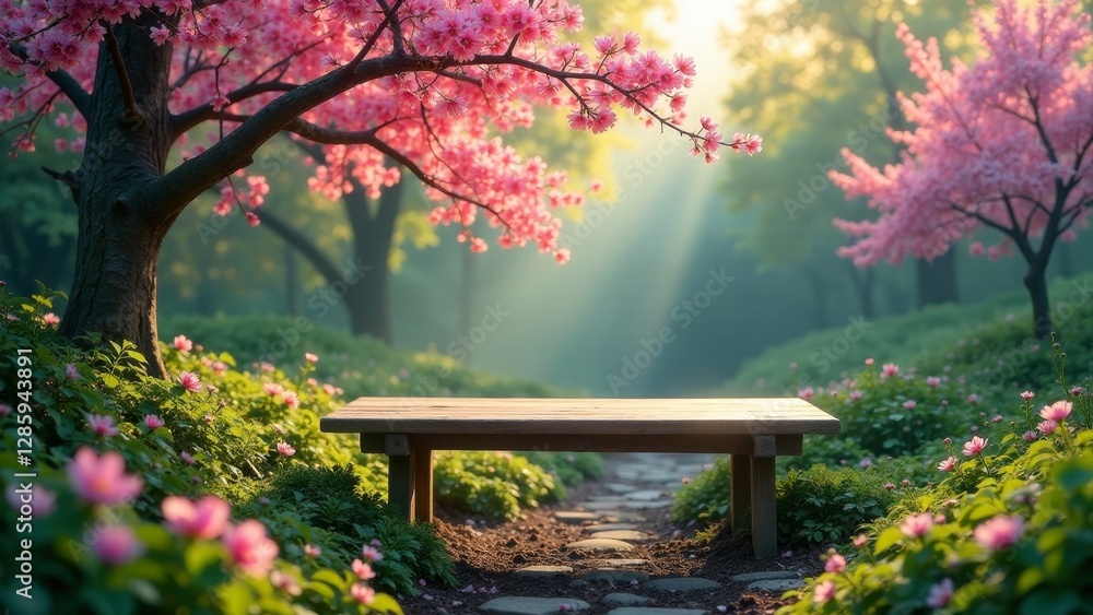 Serene wooden bench amidst blossoming trees and a stone path in a tranquil garden Serene wooden bench amidst blossoming trees and a stone path in a tranquil garden