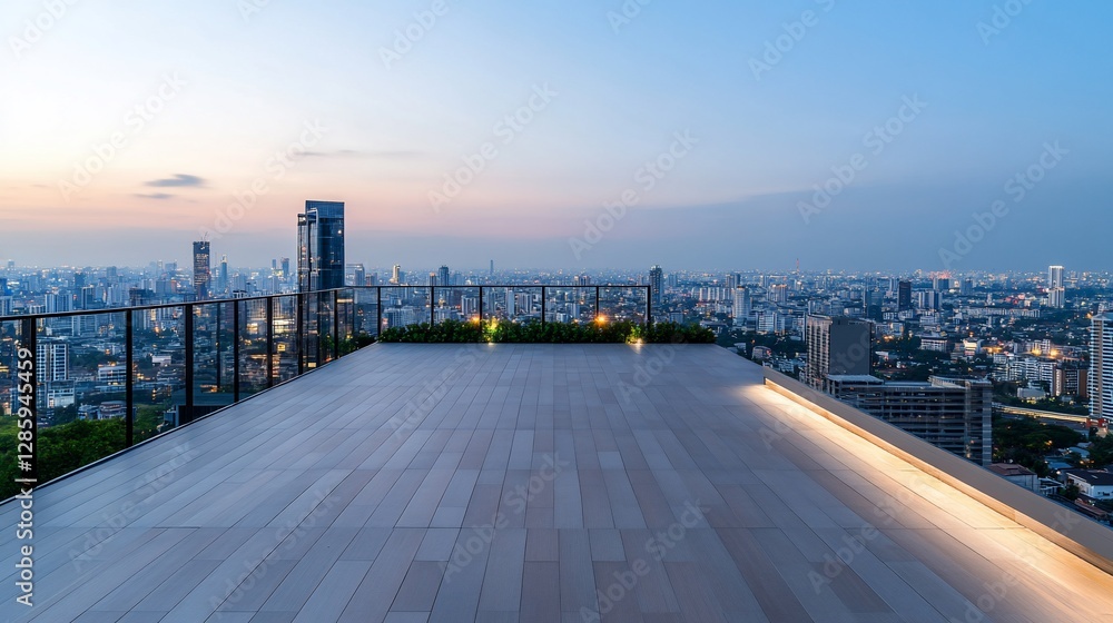 Fototapeta premium Rooftop terrace city view, twilight