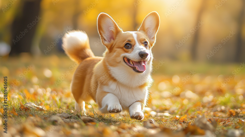Corgi joyfully running through autumn leaves in a sunny park during the golden hour Corgi joyfully running through autumn leaves in a sunny park during the golden hour