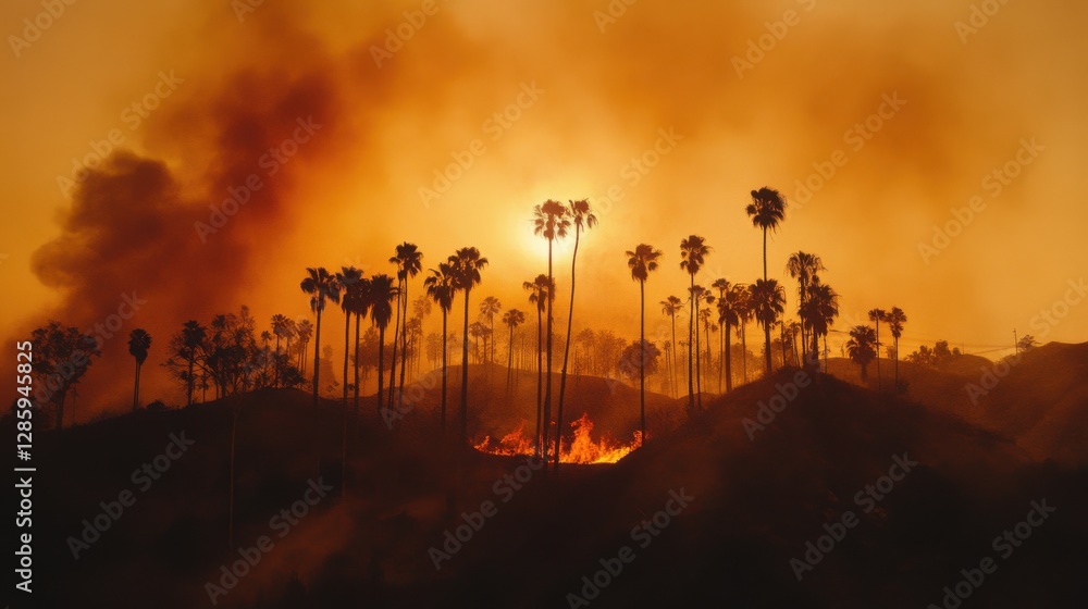 Fototapeta premium Wildfire engulfs hillside as smoke and flames rise under a dusky orange sky at sunset