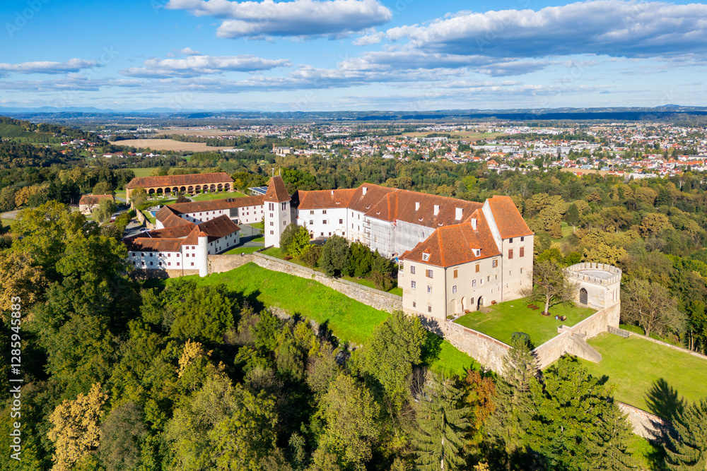 Obraz premium Aerial view of the castle Seggau in Seggauberg in the Sulmtal valley, Southern Styria, Austria